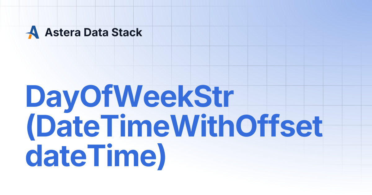 DayOfWeekStr (DateTimeWithOffset dateTime) | Astera Data Stack